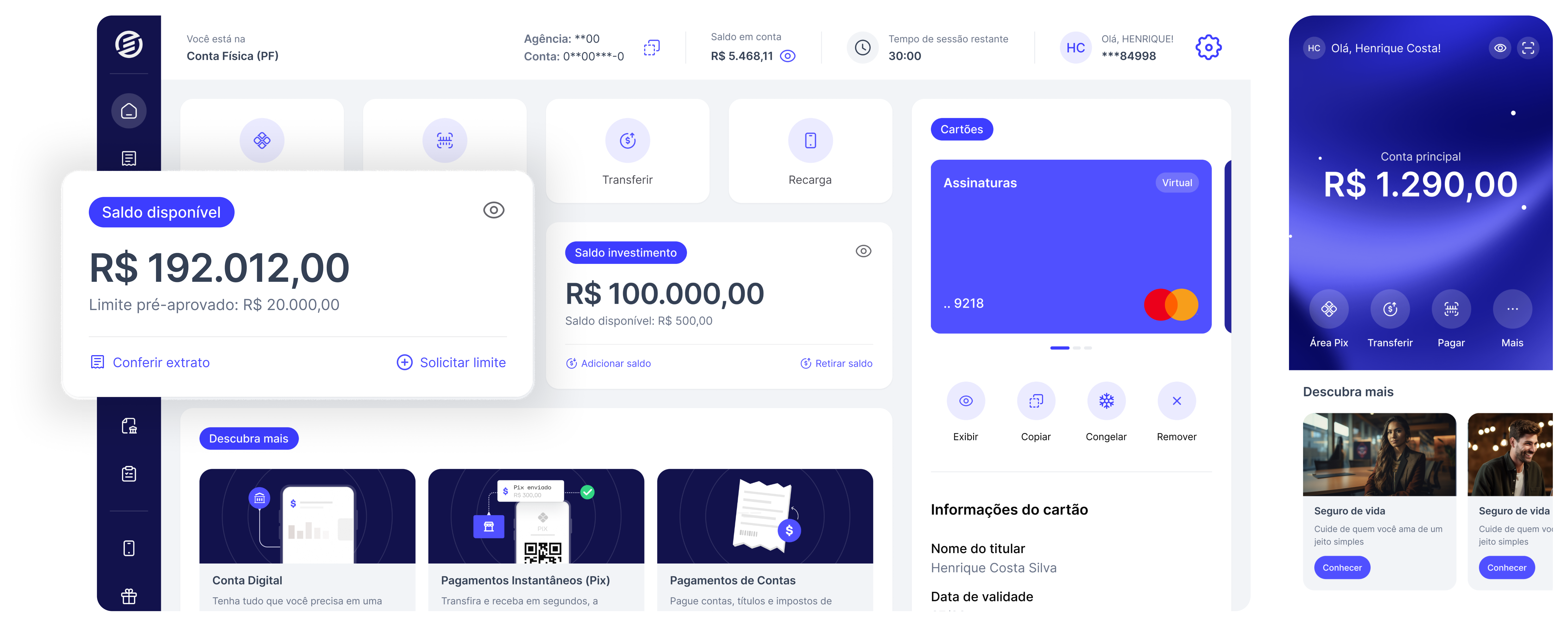 Interface da conta digital EvoStack com internet banking e aplicativo personalizado com a marca do cliente